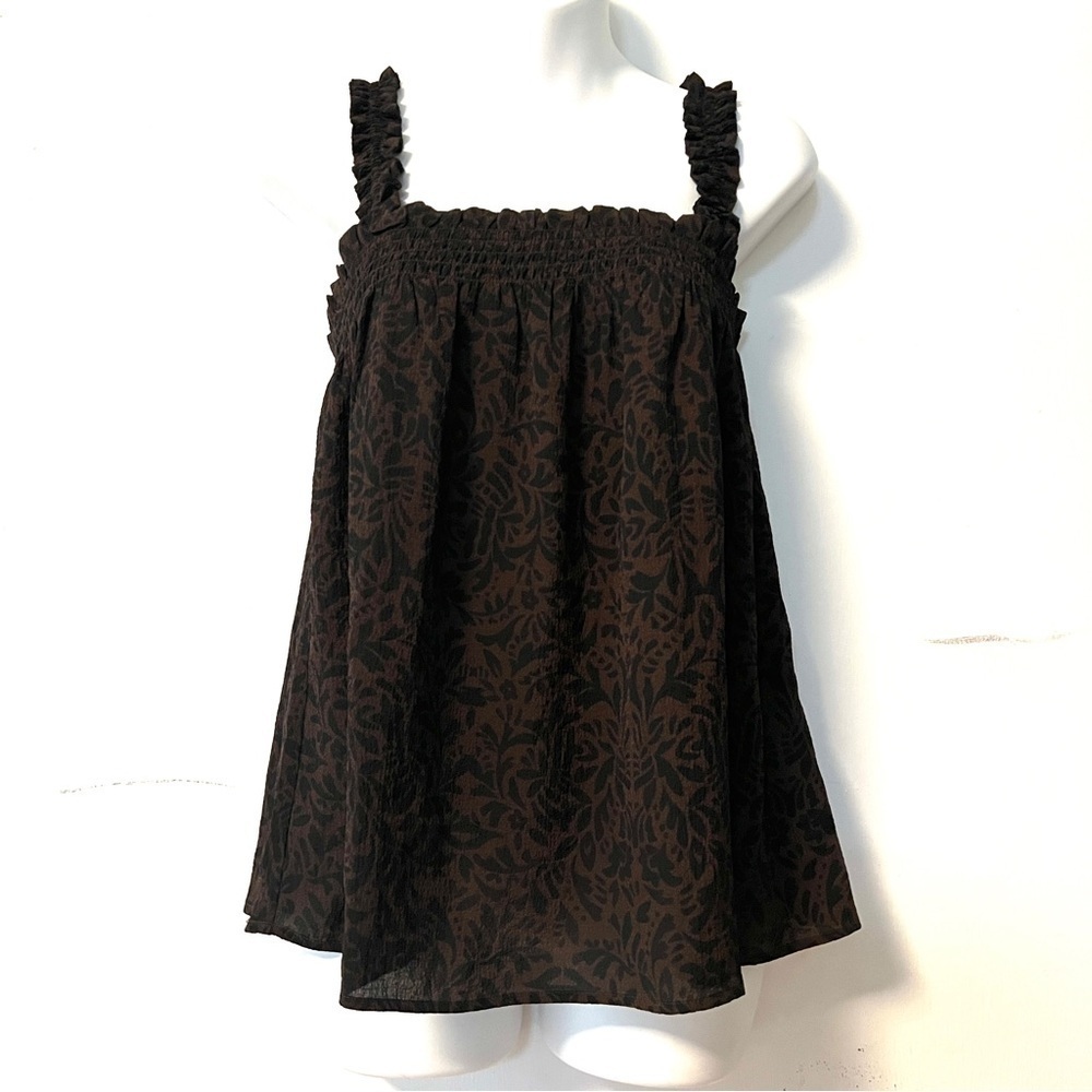 Flowy Tank Top Straps Brown  and Black Floral Pattern Botanical Resort Wear Top